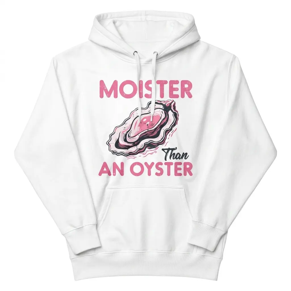 Front flat lay of a hoodie featuring the Moister Than an Oyster graphic with a pink oyster illustration.