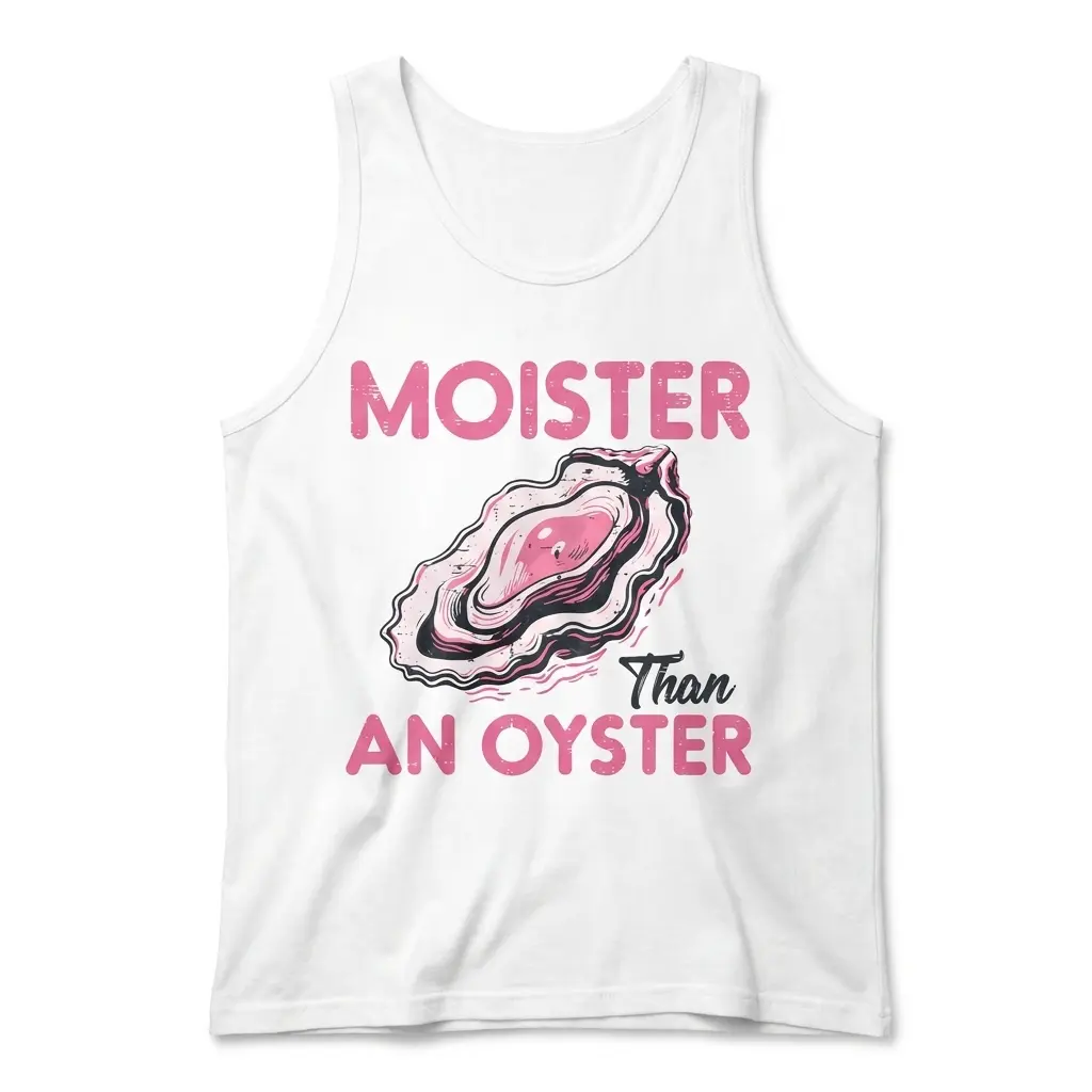 Front flat lay of a tank top printed with the funny Moister Than an Oyster graphic design.