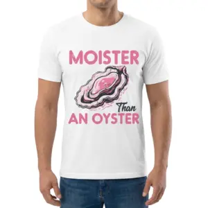 Moister Than an Oyster Funny Inappropriate Graphic T-Shirt 9 Front view of a man modeling the Moister Than an Oyster graphic t-shirt.