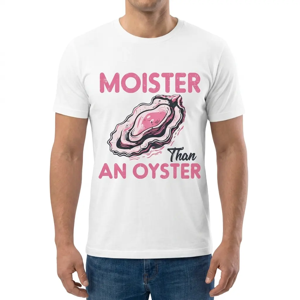 Front view of a man modeling the Moister Than an Oyster graphic t-shirt.