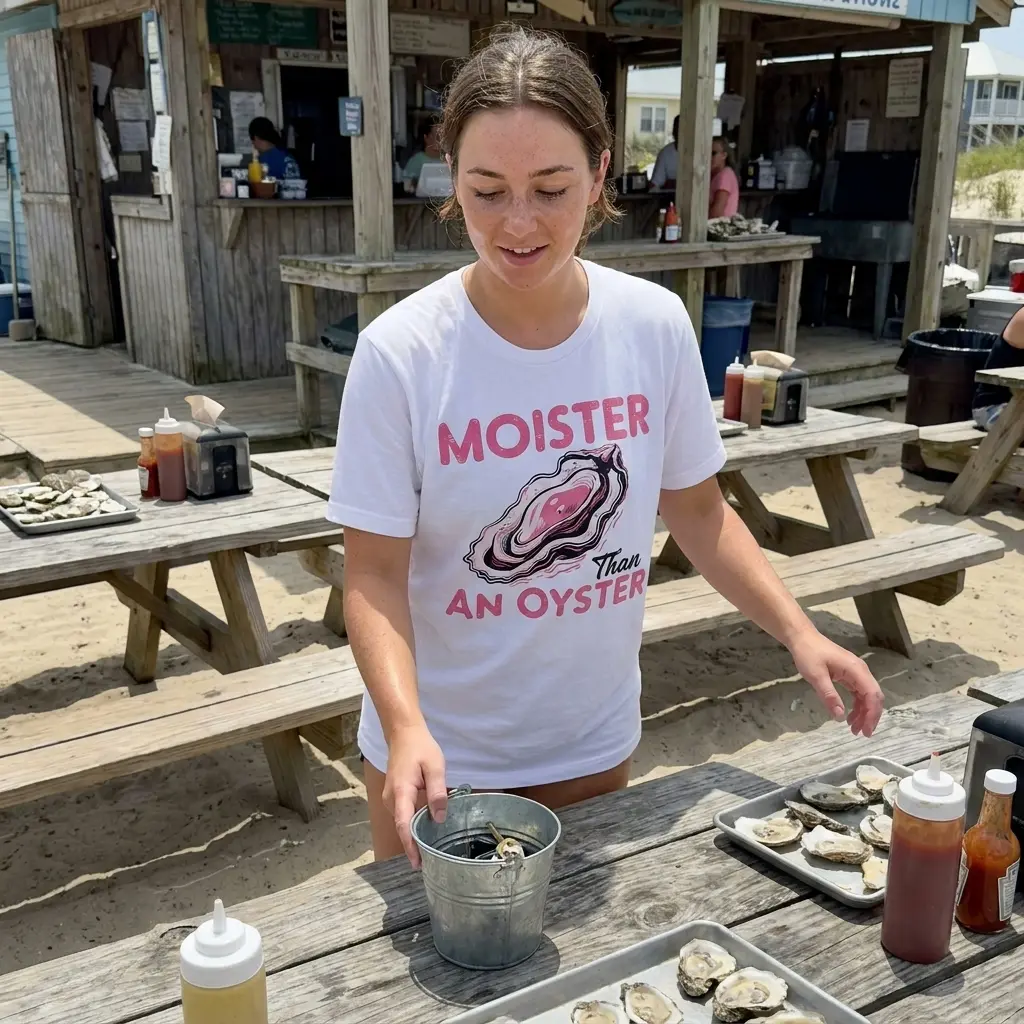 Lifestyle setting showcasing the Moister Than an Oyster graphic t-shirt in casual wear.