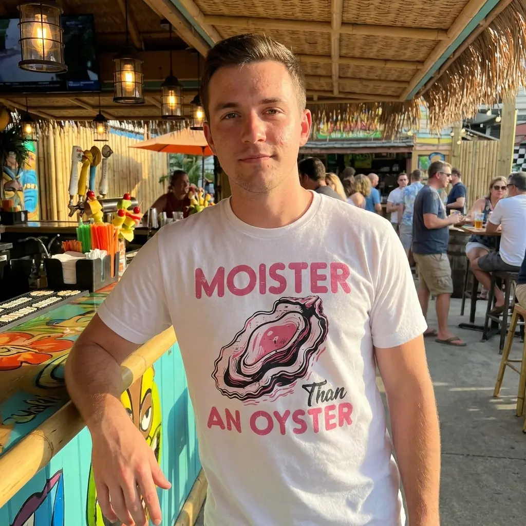 Casual lifestyle view featuring the Moister Than an Oyster graphic apparel.