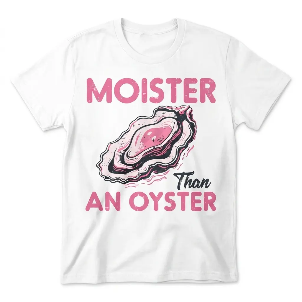 Front flat lay of a moister than an oyster shirt featuring a pink illustrated oyster graphic and text on white fabric.