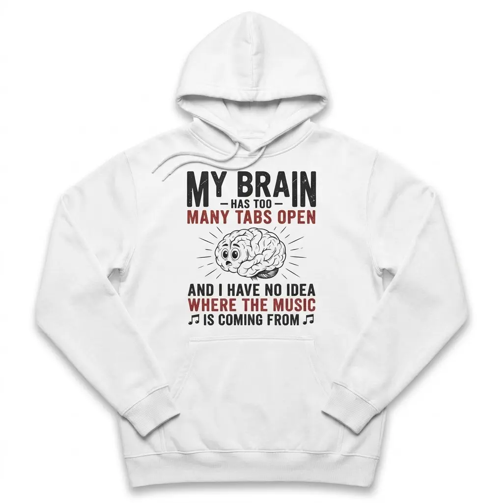 My Brain Has Too Many Tabs Open T-Shirt 2 Front flat lay of a hoodie printed with the My Brain Has Too Many Tabs Open graphic.