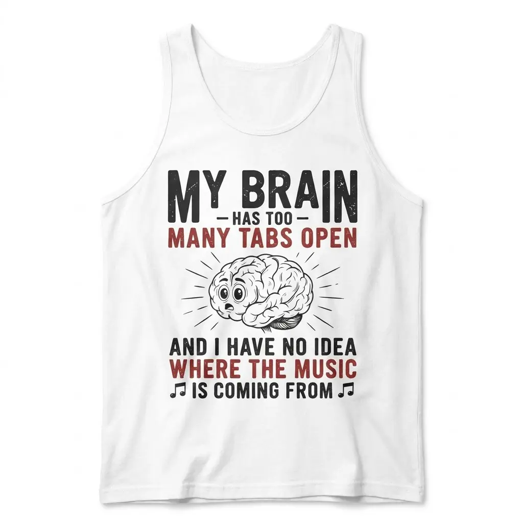 My Brain Has Too Many Tabs Open T-Shirt 3 Flat lay view of a tank top with the humorous My Brain Has Too Many Tabs Open graphic.