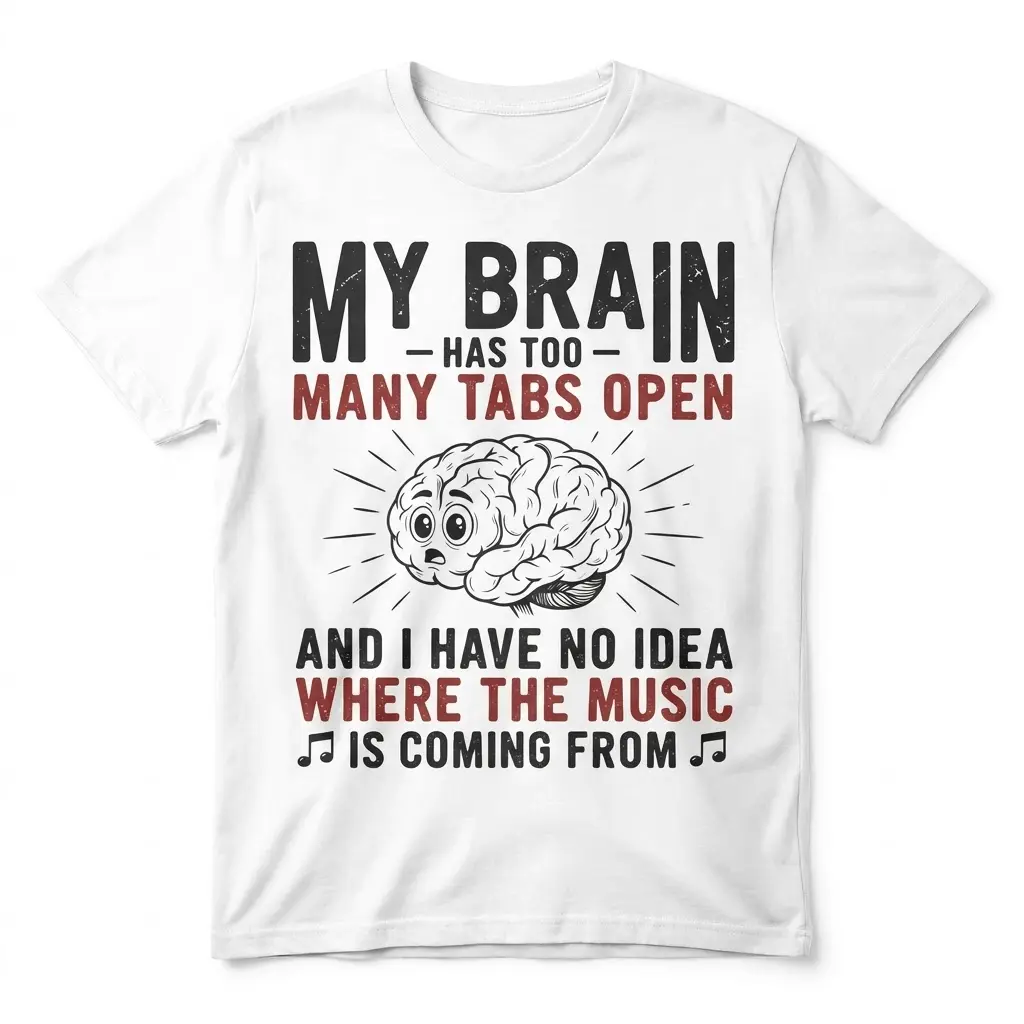 My Brain Has Too Many Tabs Open T-Shirt 1 Flat lay of My Brain Has Too Many Tabs Open t-shirt featuring a cartoon brain illustration and humorous text.