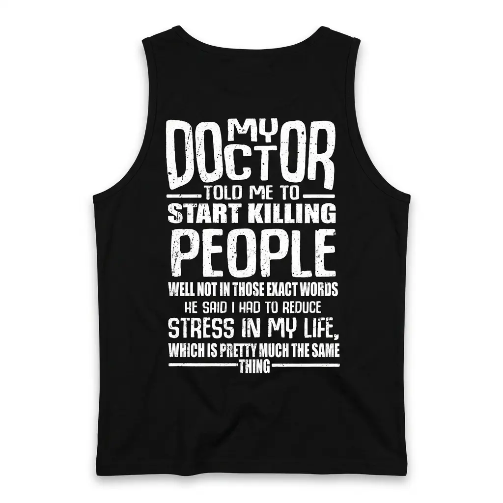 Sleeveless casual tank top with black tee back print reading MY DOCTOR TOLD ME TO START KILLING PEOPLE HE SAID I HAD TO REDUCE STRESS IN MY LIFE in