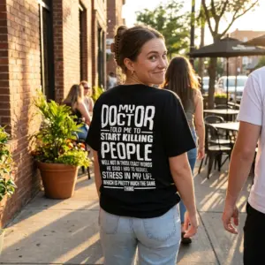 My Doctor Told Me To Reduce Stress Sarcastic Back Print Tee 11 Back view of a man at a café counter, showing the T-shirt’s bold white joke about reducing stress.