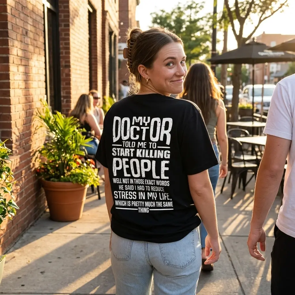Back view of a man at a café counter, showing the T-shirt’s bold white joke about reducing stress.