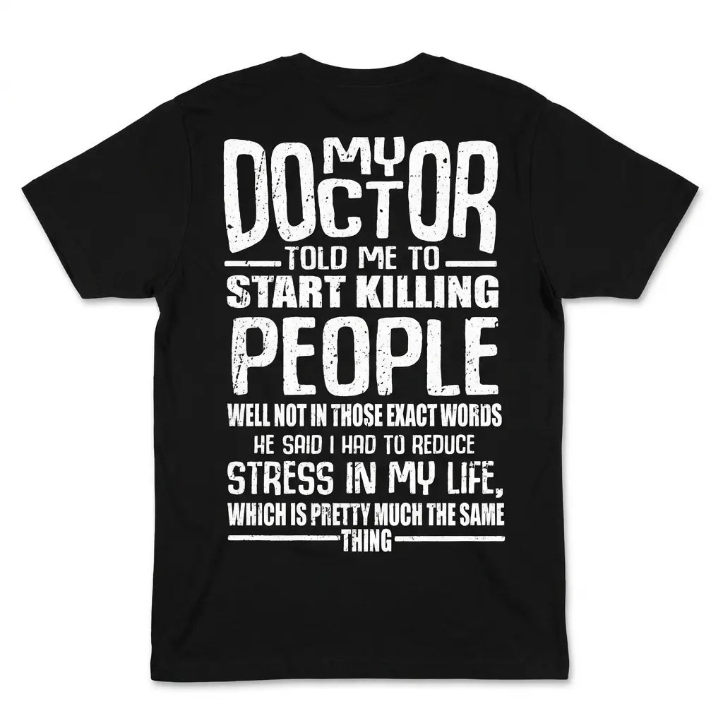 Flatlay black t-shirt featuring black tee back print reading MY DOCTOR TOLD ME TO START KILLING PEOPLE HE SAID I HAD TO REDUCE STRESS IN MY LIFE in