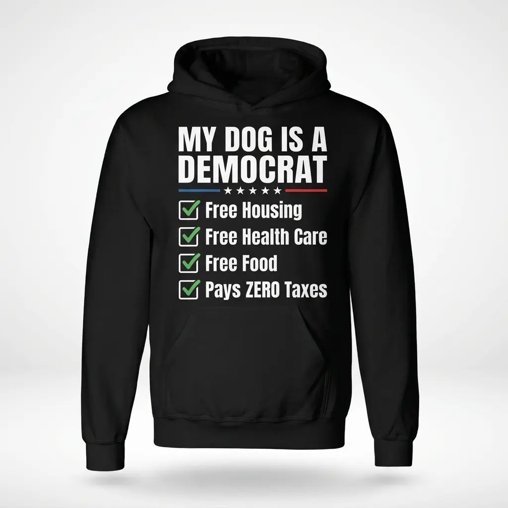 Black hoodie front flat lay featuring the “MY DOG IS A DEMOCRAT” design with stars and four green checkmarks