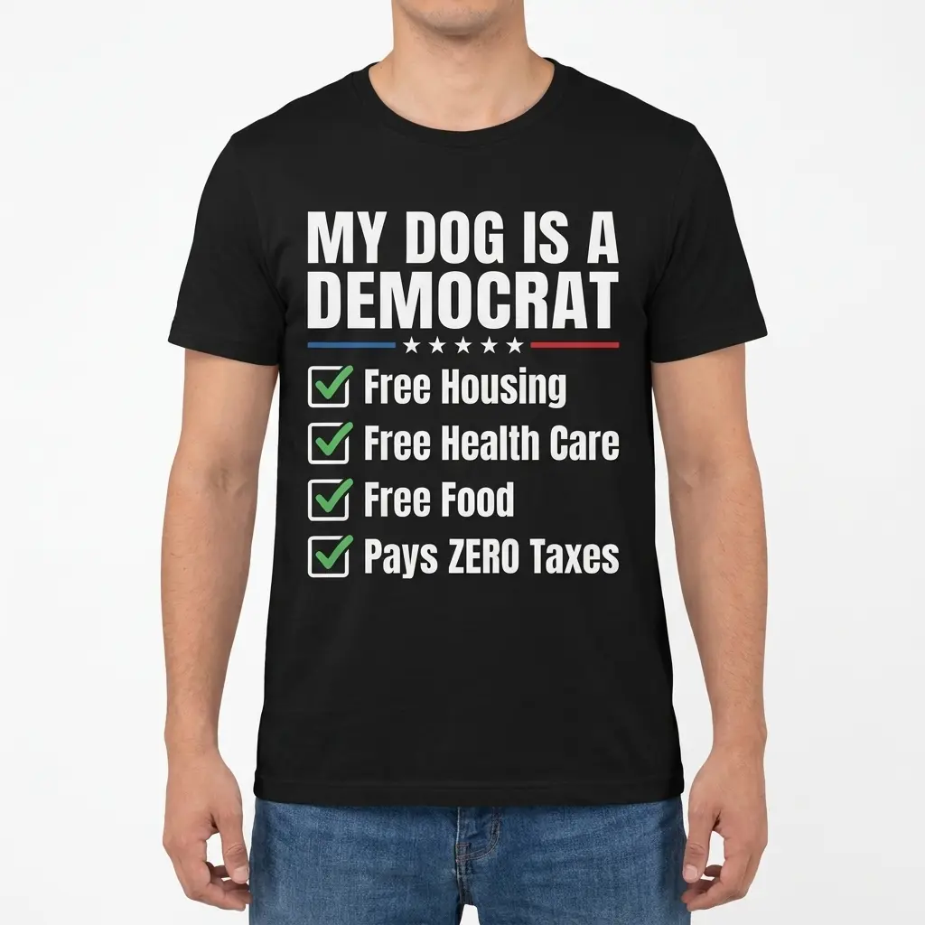 Man wearing a black T-shirt with the white “MY DOG IS A DEMOCRAT” design on the front