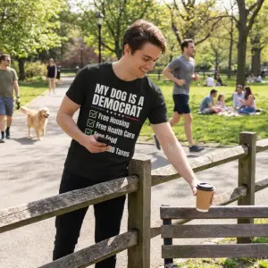 My Dog Is a Democrat Funny Political Satire T-Shirt 10 Black “MY DOG IS A DEMOCRAT” T-shirt shown in a lifestyle setting with its front political satire design visible