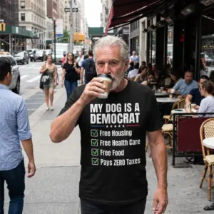 My Dog Is a Democrat Funny Political Satire T-Shirt 11 Lifestyle view of the black dog Democrat T-shirt featuring white lettering, stars, and green checkmarked statements