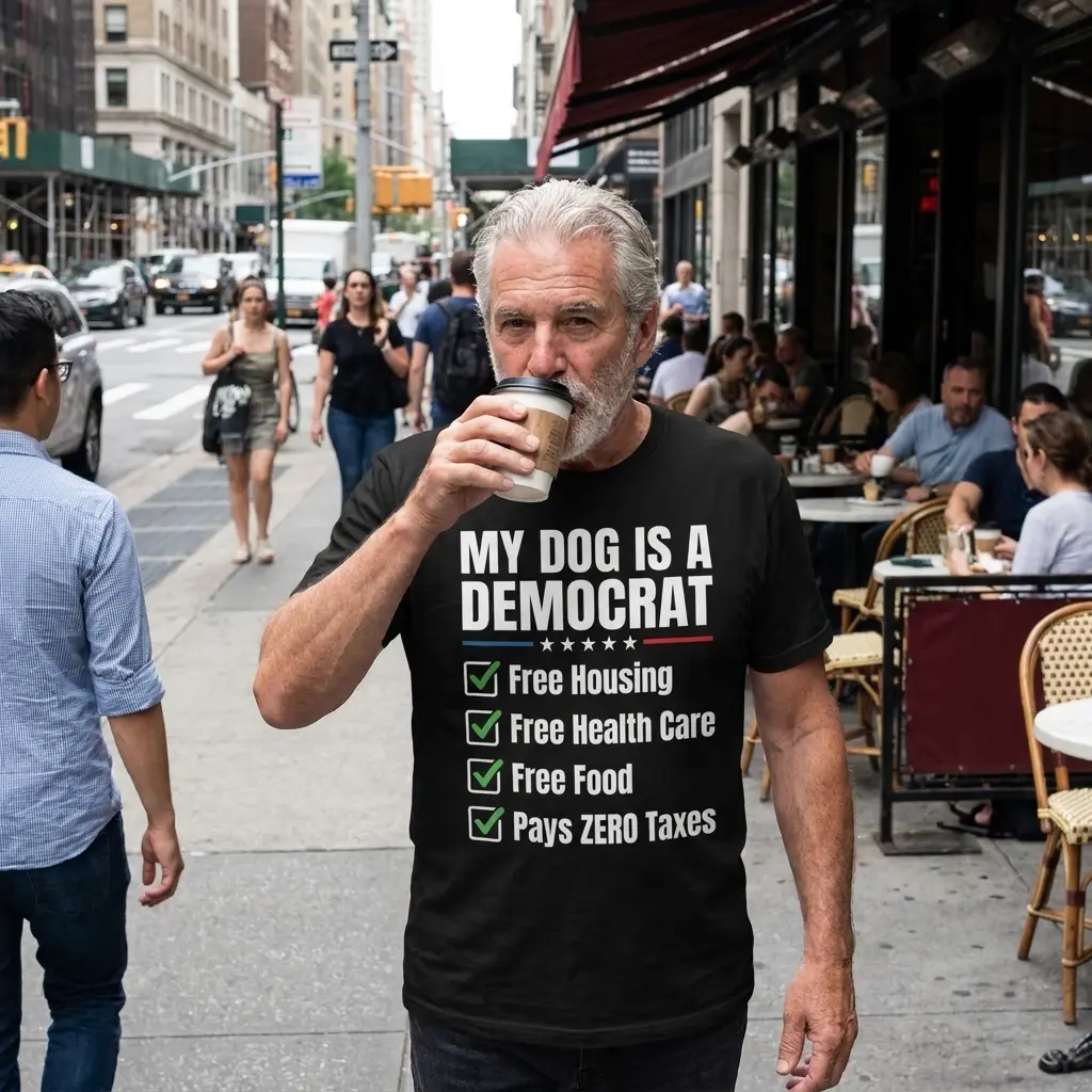 Lifestyle view of the black dog Democrat T-shirt featuring white lettering, stars, and green checkmarked statements