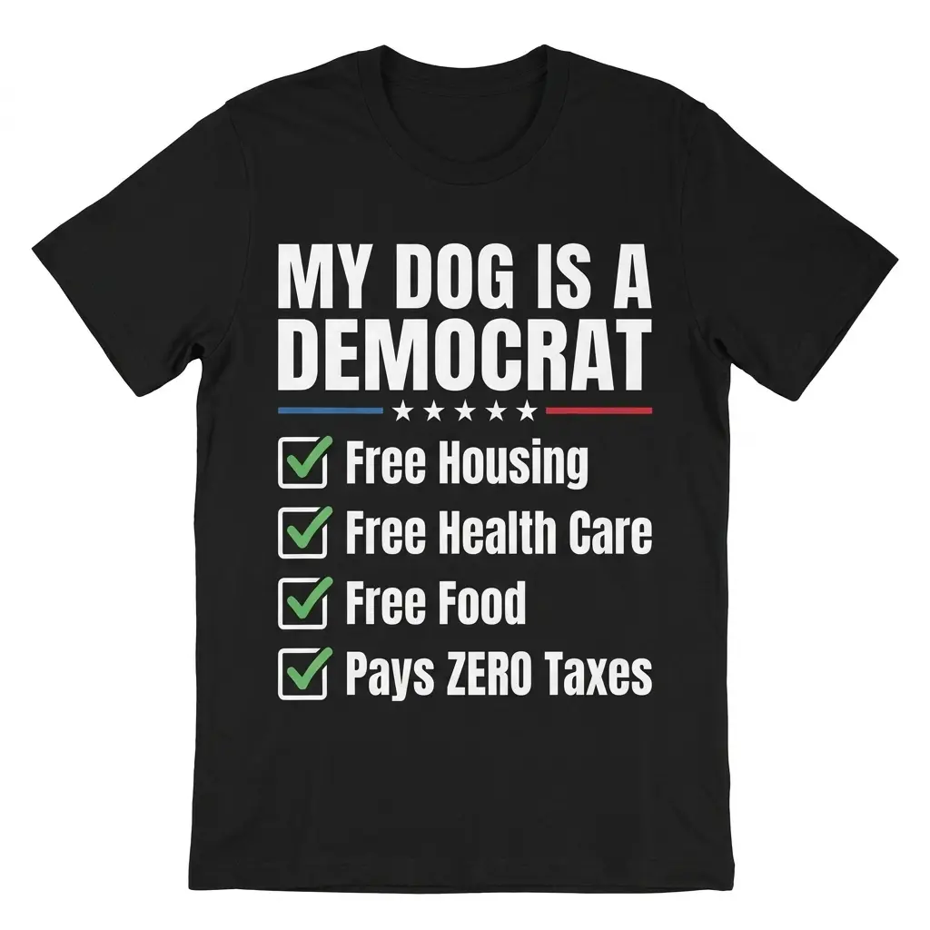 Black T-shirt front flat lay with white “MY DOG IS A DEMOCRAT” text, stars, and green checkmarked statements