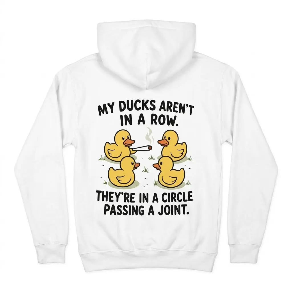 Back flat lay of a hoodie featuring the funny duck weed graphic and text.
