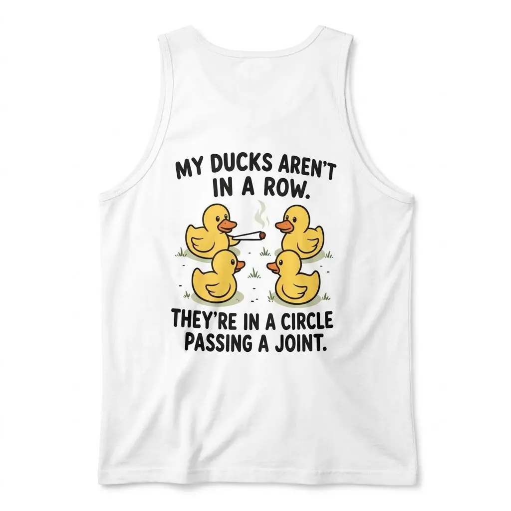 Back flat lay of a tank top displaying the cartoon ducks in a circle passing a joint design.