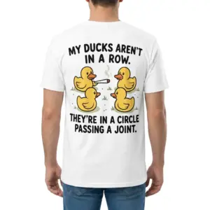 My Ducks Aren't In A Row Funny T-Shirt 9 Back view of a man wearing the white t-shirt with the humorous duck circle graphic.