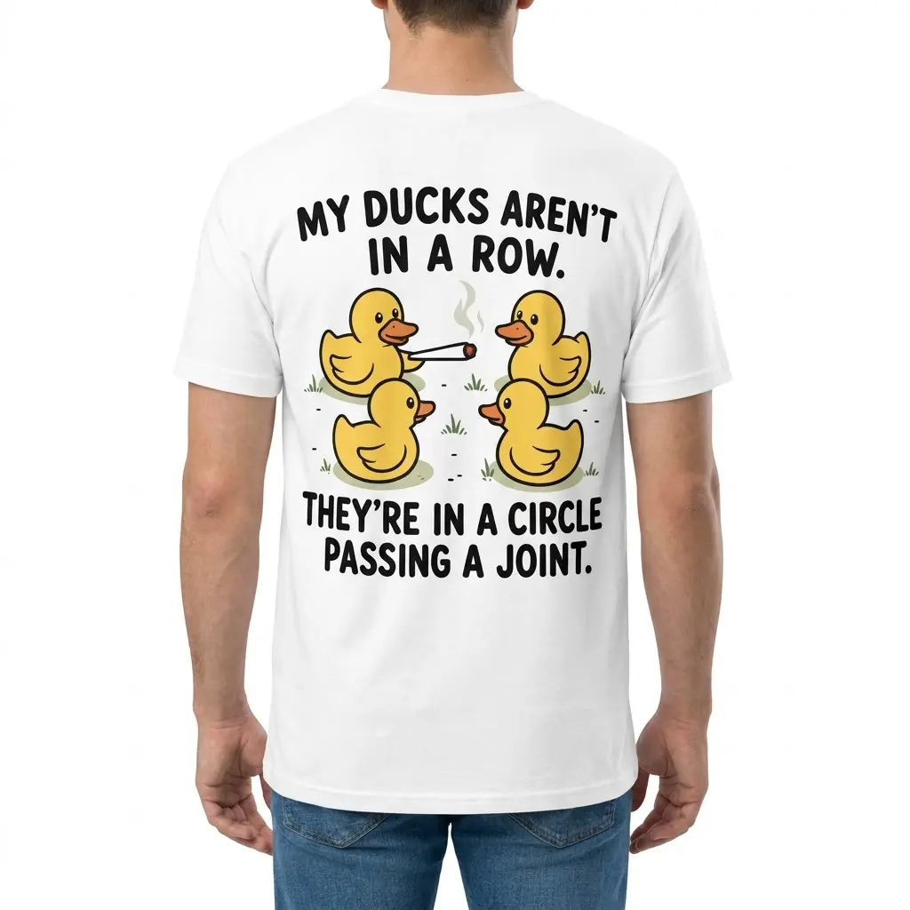 Back view of a man wearing the white t-shirt with the humorous duck circle graphic.