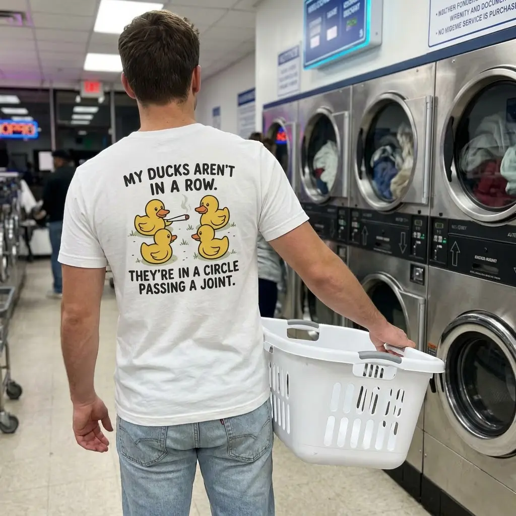 Lifestyle view showcasing the back of the funny duck weed t-shirt in everyday wear.