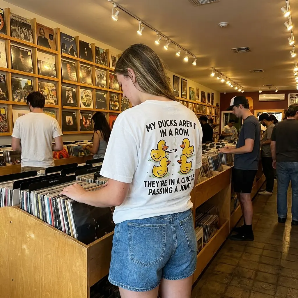 Alternate lifestyle shot highlighting the back print of the cartoon ducks graphic shirt.