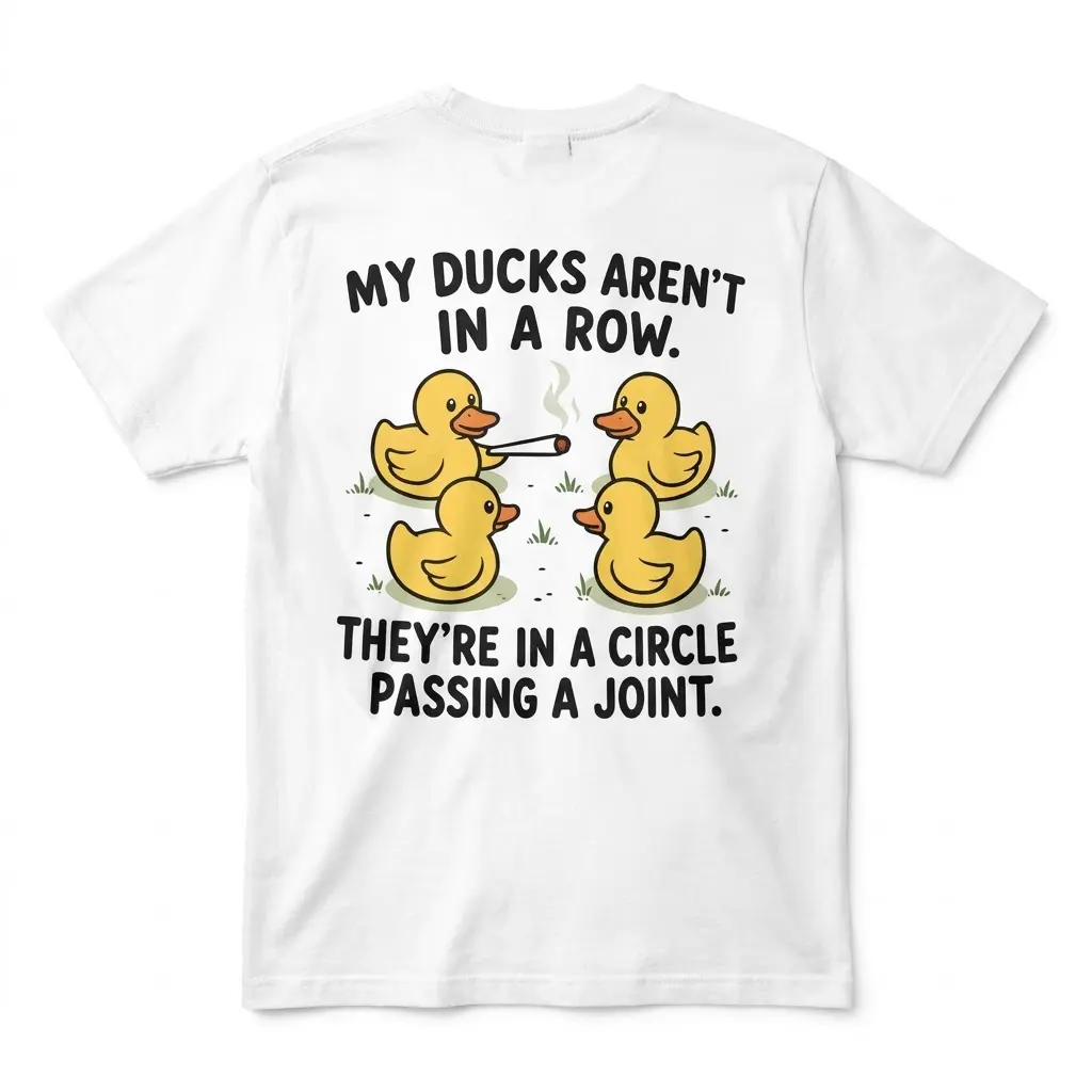 Back flat lay of a white t-shirt featuring cartoon ducks in a circle passing a joint with humorous text.