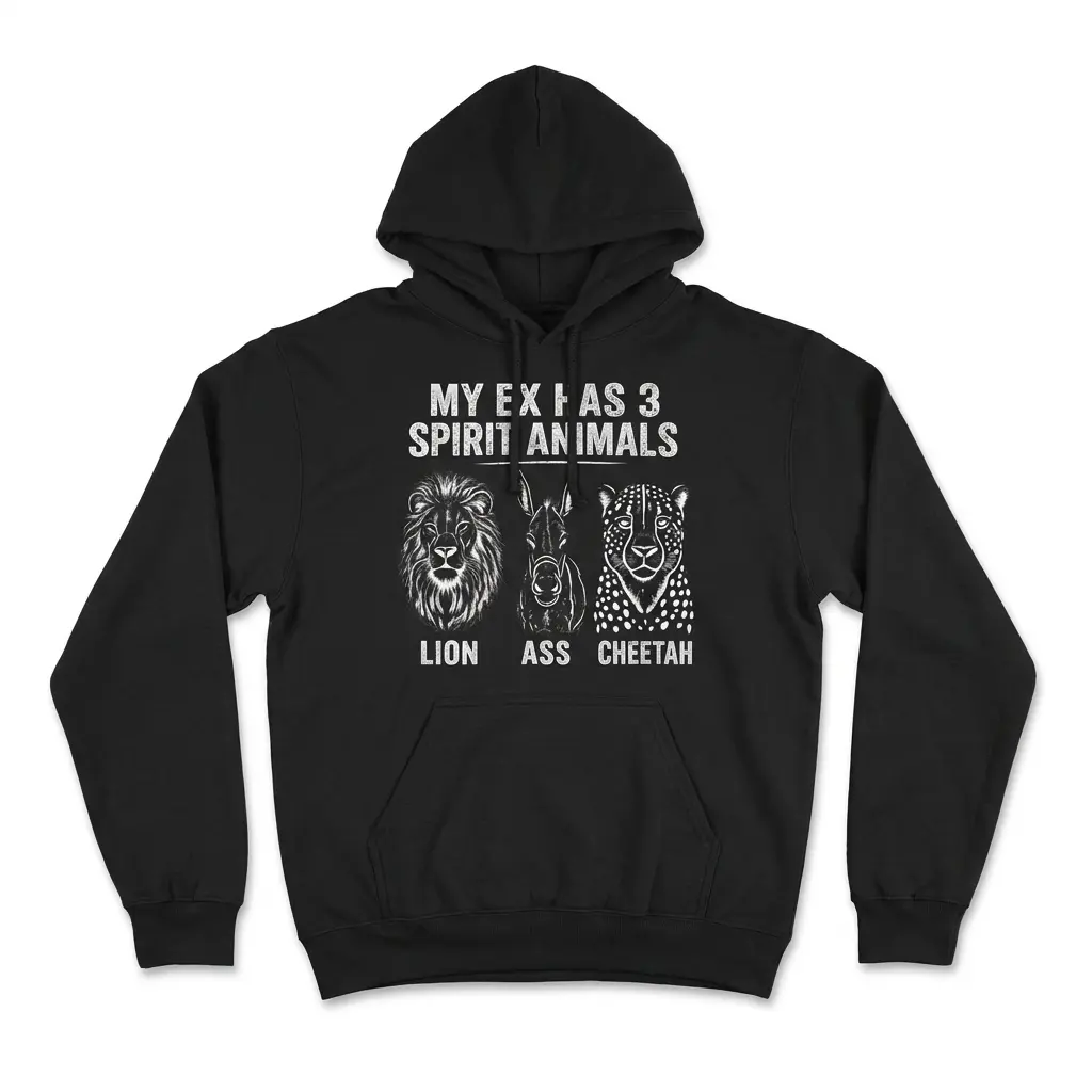 My Ex Has 3 Spirit Animals Lion Ass Cheetah Funny T-Shirt 2 Black front-flatlay hoodie with My Ex Has 3 Spirit Animals lion, ass, and cheetah graphic.