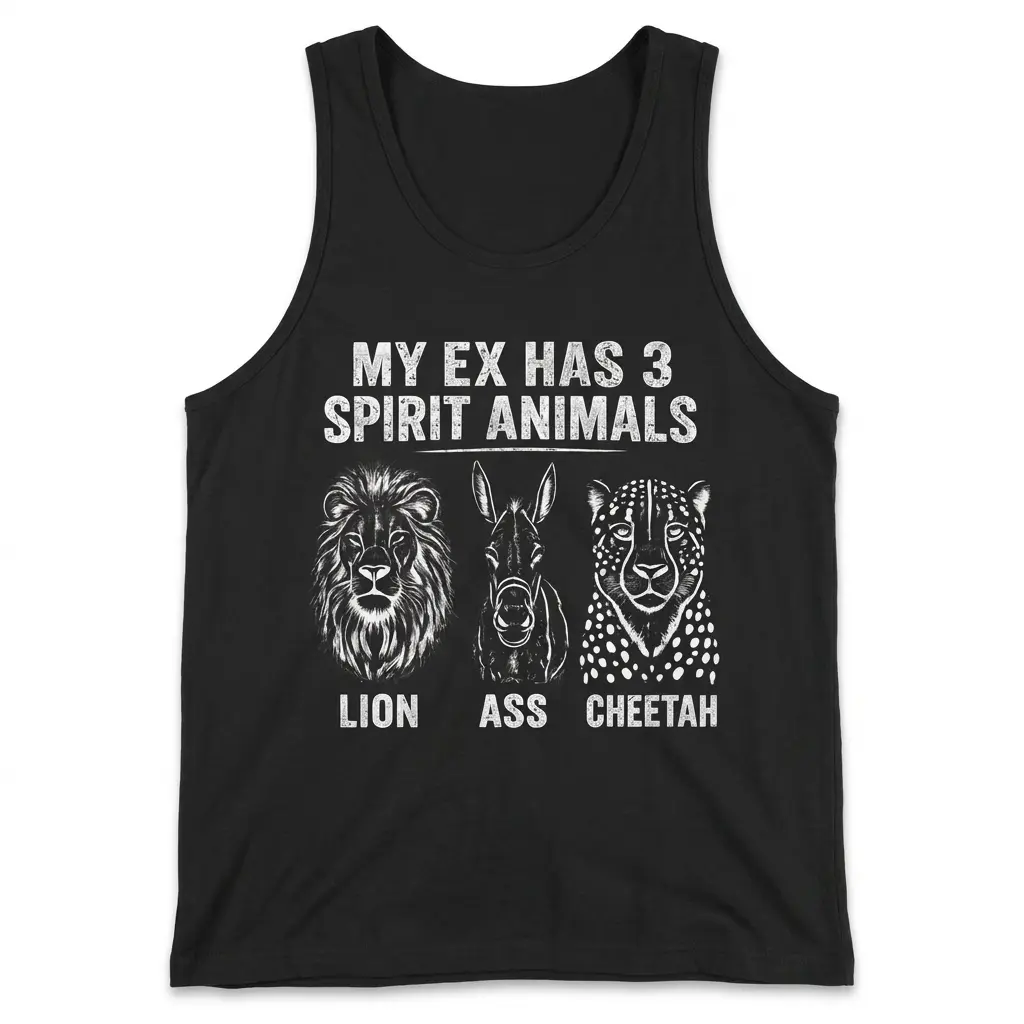 My Ex Has 3 Spirit Animals Lion Ass Cheetah Funny T-Shirt 3 Black front-flatlay tank top with My Ex Has 3 Spirit Animals lion, ass, and cheetah graphic.