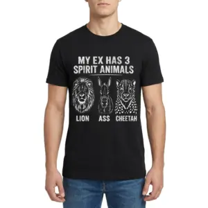 My Ex Has 3 Spirit Animals Lion Ass Cheetah Funny T-Shirt 9 Man wearing the black My Ex Has 3 Spirit Animals T-shirt, shown from the front.