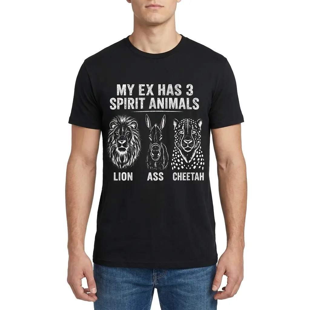 My Ex Has 3 Spirit Animals Lion Ass Cheetah Funny T-Shirt 4 Man wearing the black My Ex Has 3 Spirit Animals T-shirt, shown from the front.