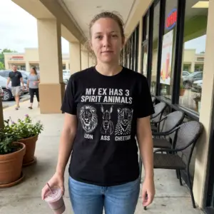 My Ex Has 3 Spirit Animals Lion Ass Cheetah Funny T-Shirt 10 Lifestyle view of the My Ex Has 3 Spirit Animals shirt with lion, ass, and cheetah artwork.