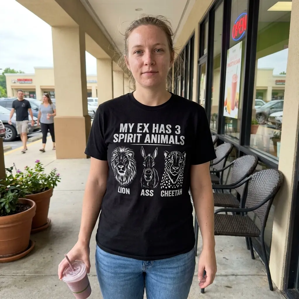 My Ex Has 3 Spirit Animals Lion Ass Cheetah Funny T-Shirt 5 Lifestyle view of the My Ex Has 3 Spirit Animals shirt with lion, ass, and cheetah artwork.