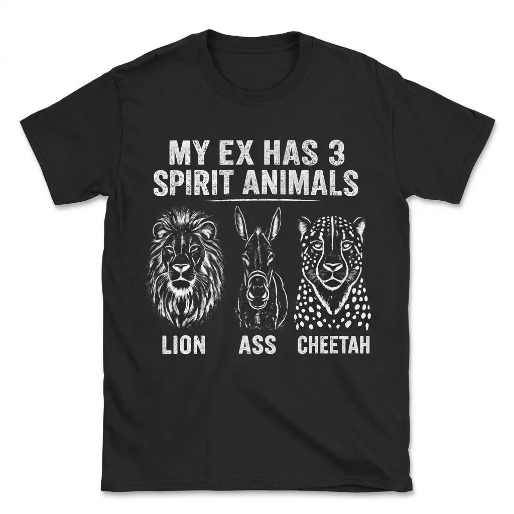 My Ex Has 3 Spirit Animals Lion Ass Cheetah Funny T-Shirt 1 Black front-flatlay T-shirt with My Ex Has 3 Spirit Animals lion, ass, and cheetah graphic.