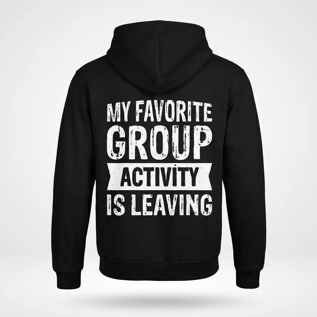 My Favorite Group Activity Is Leaving T-Shirt 2 Back view flat lay of a black hoodie printed with distressed text reading My Favorite Group Activity Is Leaving.