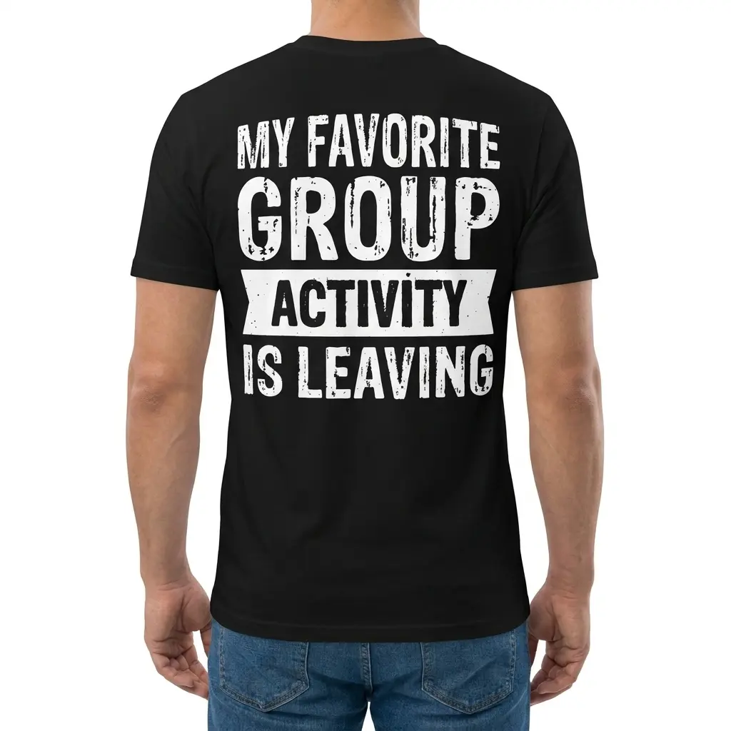 My Favorite Group Activity Is Leaving T-Shirt 4 Back view of a man wearing the black funny introvert t-shirt reading My Favorite Group Activity Is Leaving.
