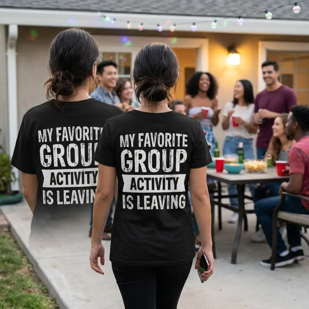 My Favorite Group Activity Is Leaving T-Shirt 5 Lifestyle view showcasing the back of the black t-shirt printed with My Favorite Group Activity Is Leaving.
