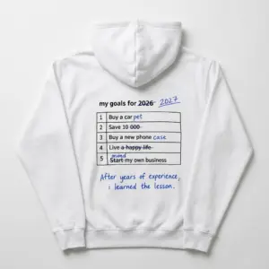 My Goals for 2026 2027 Edited Checklist Funny T-Shirt 7 Cozy pullover hoodie displaying back print of a 5-row table reading my goals for 2026 edited to 2027 in blue pen with funny realistic edits