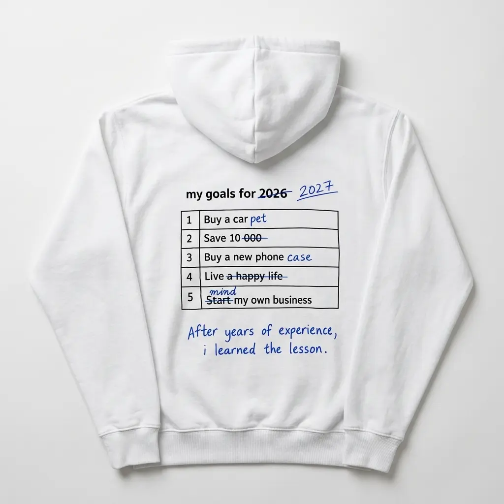 My Goals for 2026 2027 Edited Checklist Funny T-Shirt 2 Cozy pullover hoodie displaying back print of a 5-row table reading my goals for 2026 edited to 2027 in blue pen with funny realistic edits