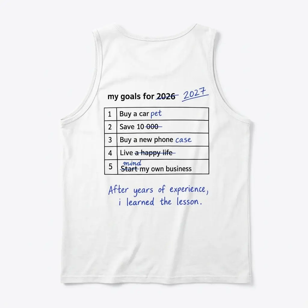 My Goals for 2026 2027 Edited Checklist Funny T-Shirt 3 Sleeveless casual tank top with back print of a 5-row table reading my goals for 2026 edited to 2027 in blue pen with funny realistic edits