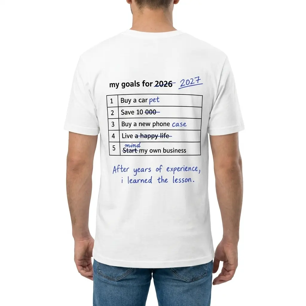 My Goals for 2026 2027 Edited Checklist Funny T-Shirt 4 Man wearing white graphic tee with back print of a 5-row table reading my goals for 2026 edited to 2027 in blue pen with funny realistic edits