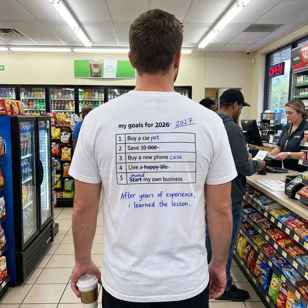 My Goals for 2026 2027 Edited Checklist Funny T-Shirt 5 Everyday streetwear outfit styling white shirt with back print of a 5-row table reading my goals for 2026 edited to 2027 in blue pen with funny realistic
