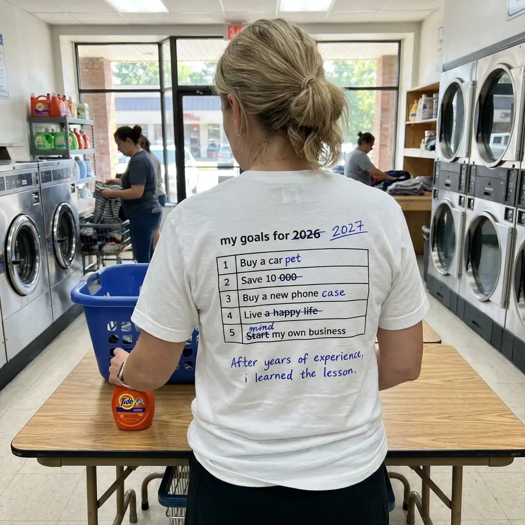 My Goals for 2026 2027 Edited Checklist Funny T-Shirt 6 Close-up casual look showcasing white tee and back print of a 5-row table reading my goals for 2026 edited to 2027 in blue pen with funny realistic edits