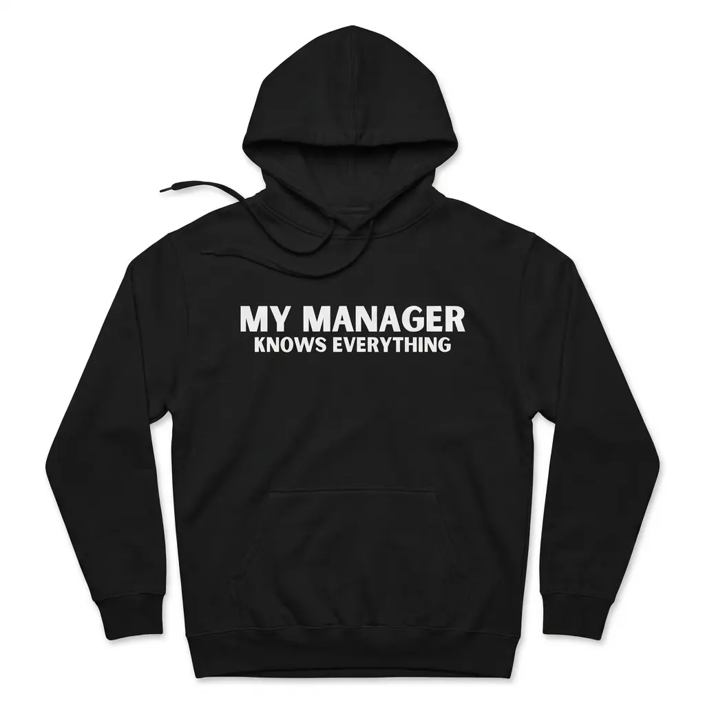 Cozy pullover hoodie displaying black tee front print reading MY MANAGER KNOWS EVERYTHING in clean bold white block letters