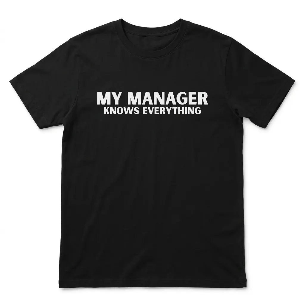 Flatlay black t-shirt featuring black tee front print reading MY MANAGER KNOWS EVERYTHING in clean bold white block letters
