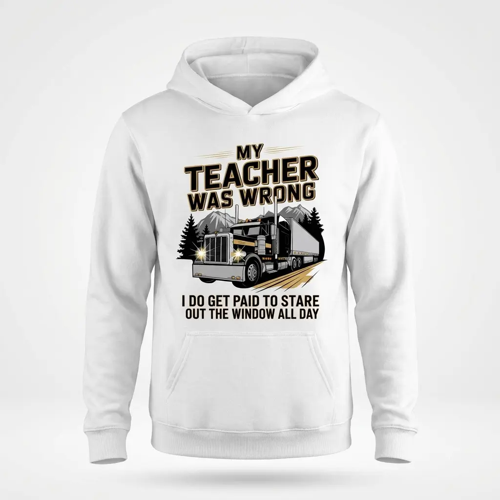 My Teacher Was Wrong I Get Paid To Stare Out The Window Tee 2 White hoodie flatlay featuring the My Teacher Was Wrong I Do Get Paid To Stare Out The Window All Day big rig graphic