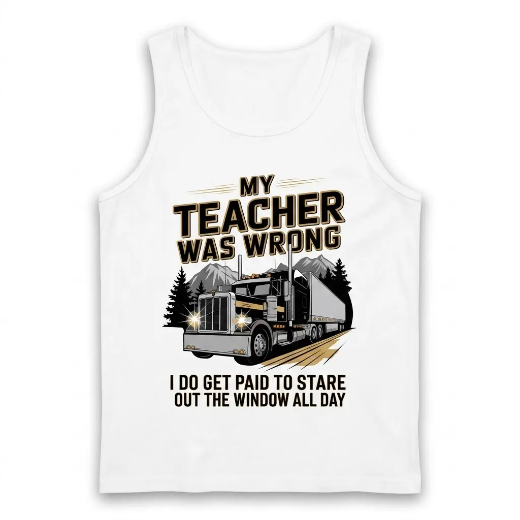 My Teacher Was Wrong I Get Paid To Stare Out The Window Tee 3 White sweatshirt flatlay printed with the mountain highway 18-wheeler and My Teacher Was Wrong trucker quote