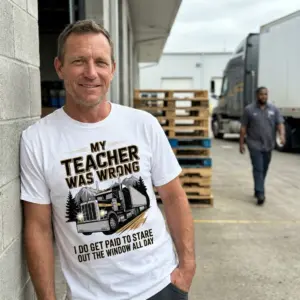 My Teacher Was Wrong I Get Paid To Stare Out The Window Tee 11 Everyday outdoor look featuring the white My Teacher Was Wrong semi-truck graphic t-shirt