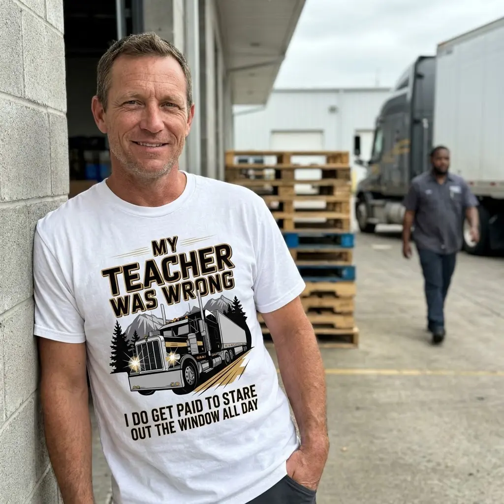 My Teacher Was Wrong I Get Paid To Stare Out The Window Tee 6 Everyday outdoor look featuring the white My Teacher Was Wrong semi-truck graphic t-shirt