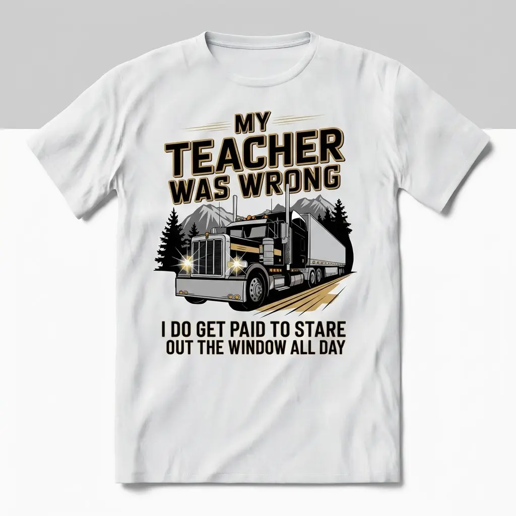 My Teacher Was Wrong I Get Paid To Stare Out The Window Tee 1 My Teacher Was Wrong I Get Paid To Stare Out The Window Tee flatlay on a white t-shirt with a black and gold semi-truck